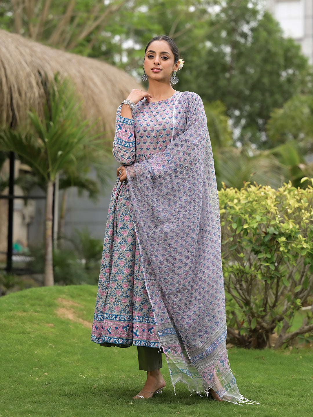 Floral Printed Round Neck Pure Cotton Anarkali Kurta With Trousers & Dupatta