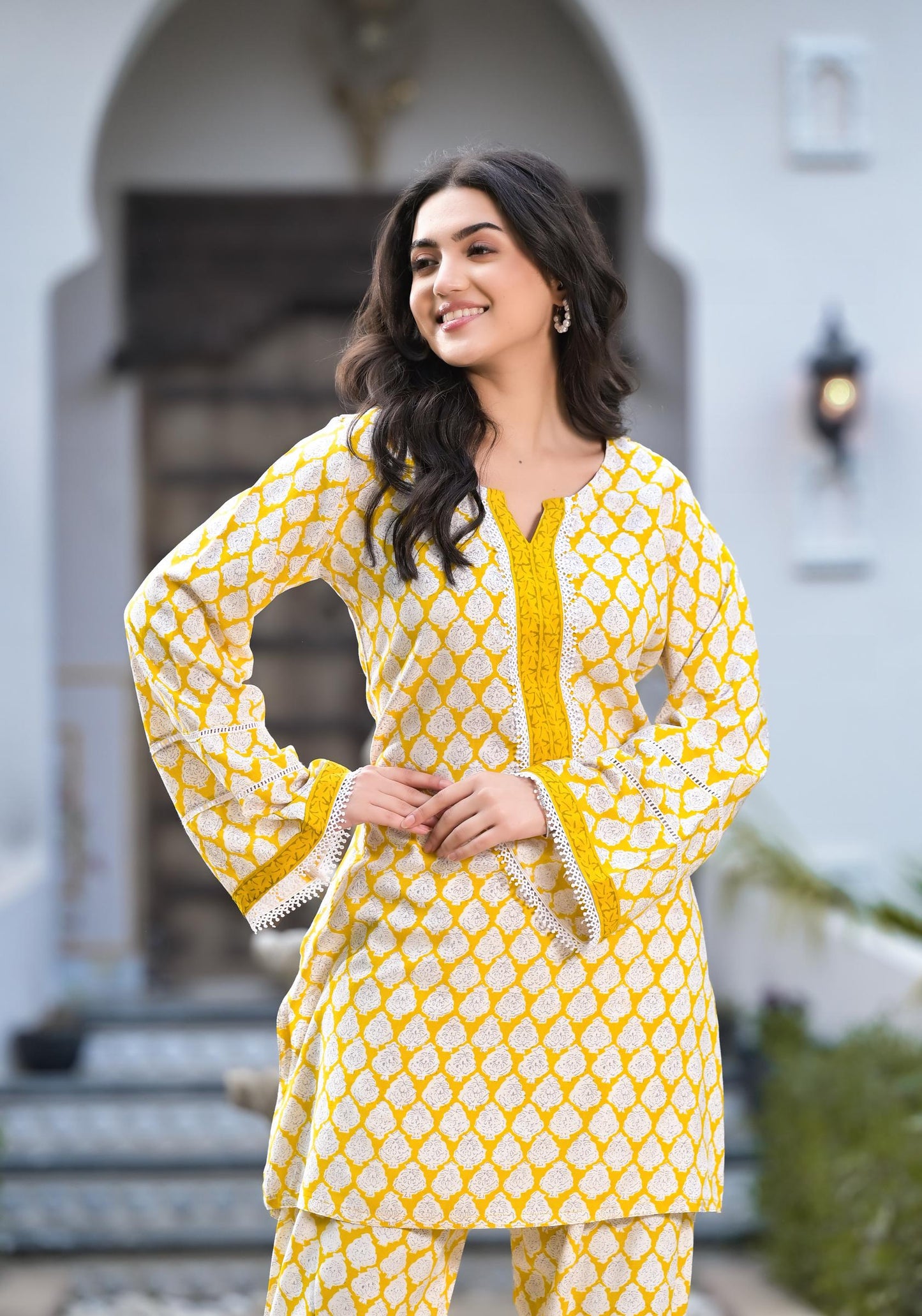 Yellow Floral Print Rayon Co-ord set for women