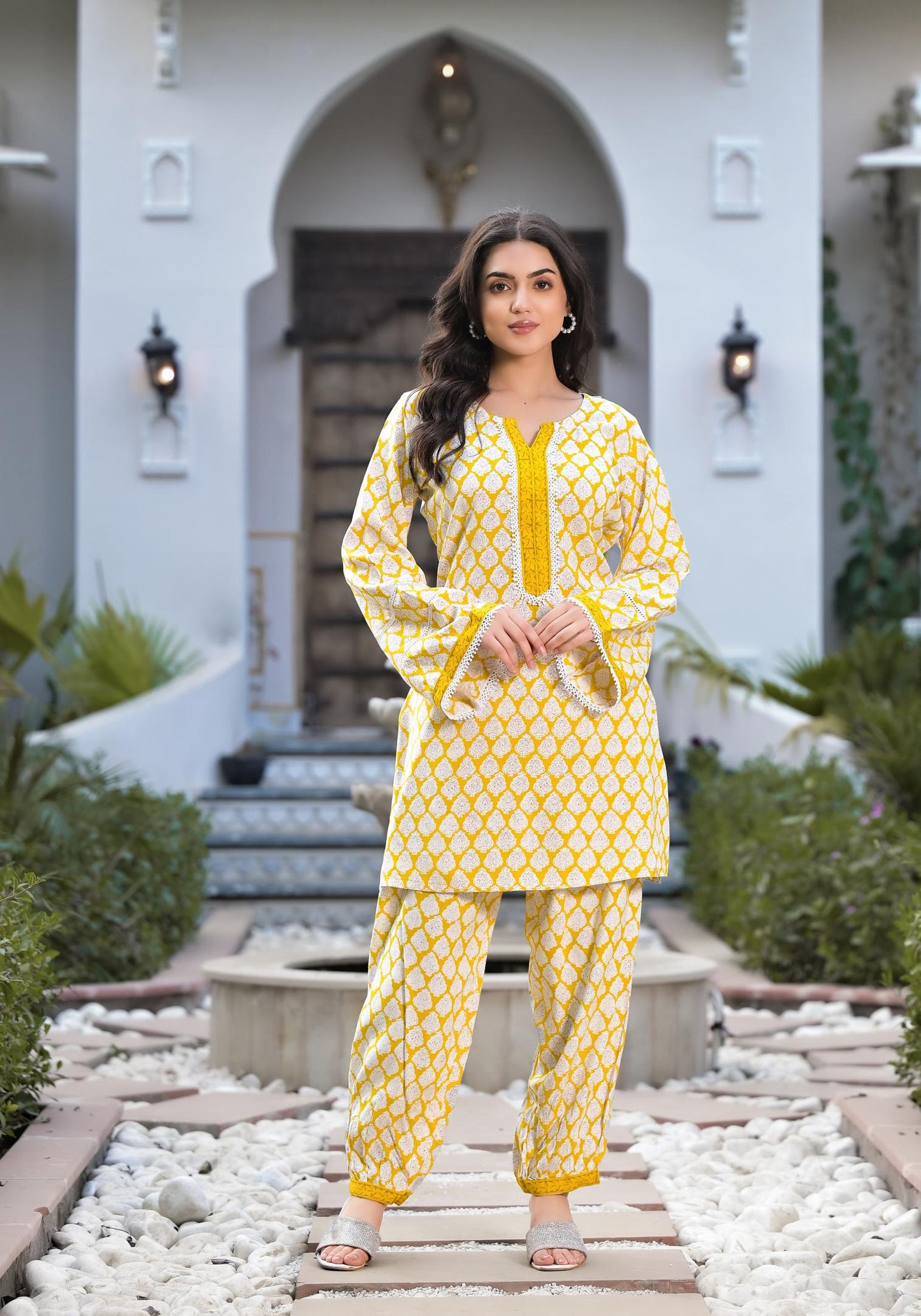 Yellow Floral Print Rayon Co-ord set for women