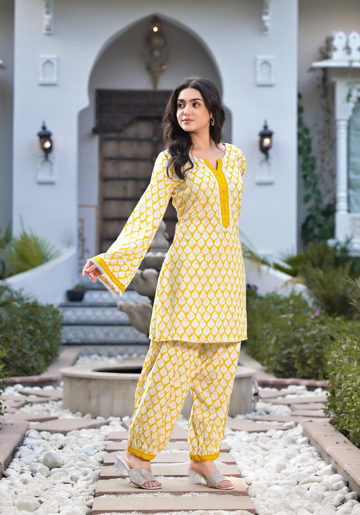 Yellow Floral Print Rayon Co-ord set for women