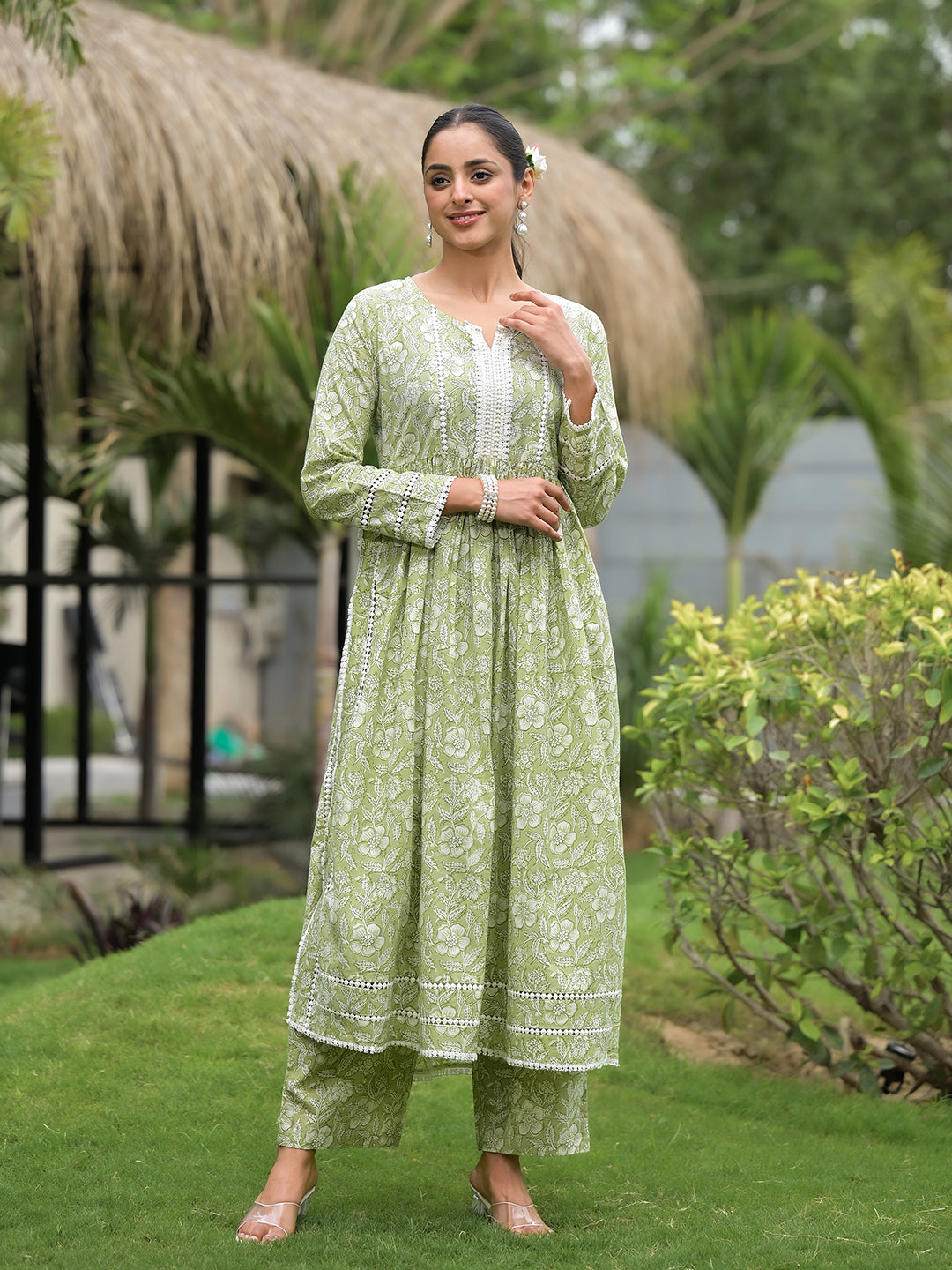 Green Floral Print Cotton Nyra Cut Kurta Pant Set