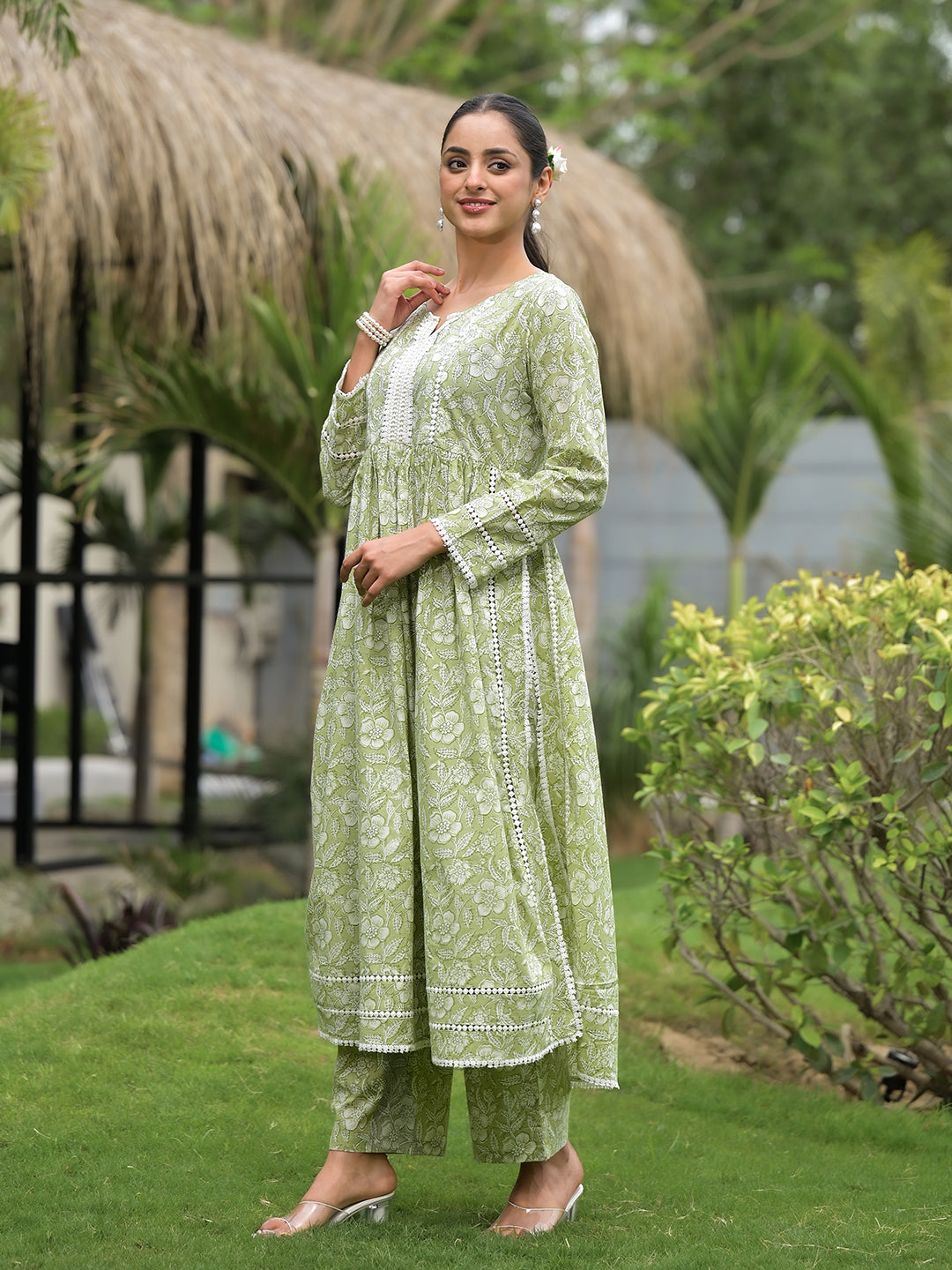 Green Floral Print Cotton Nyra Cut Kurta Pant Set