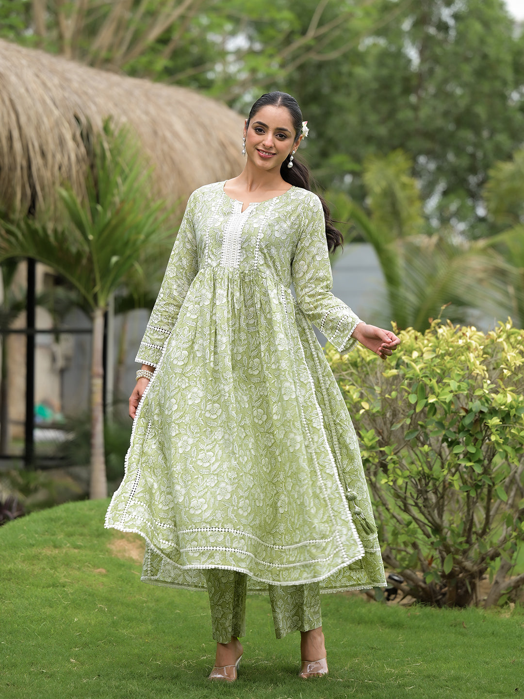 Green Floral Print Cotton Nyra Cut Kurta Pant Set