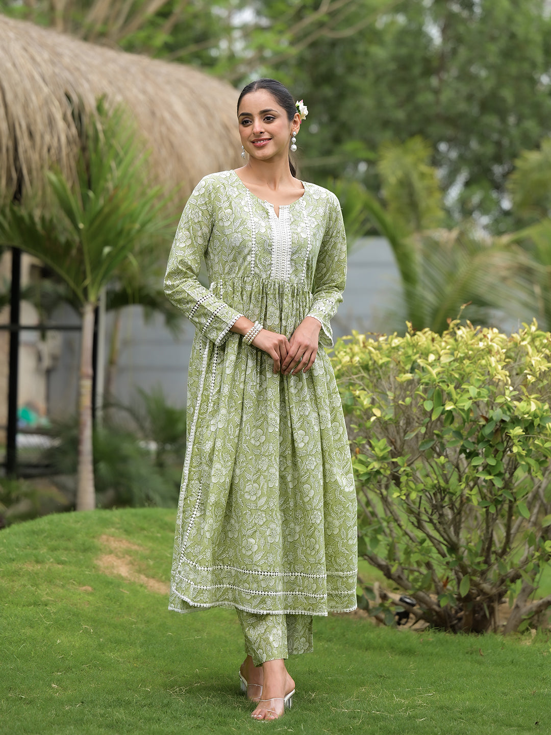 Green Floral Print Cotton Nyra Cut Kurta Pant Set