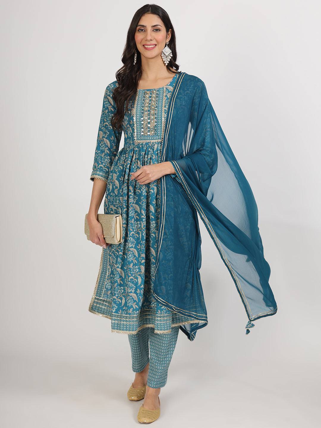 Teal Blue Floral Print Cotton Nyra Cut Kurta pants with Dupatta set