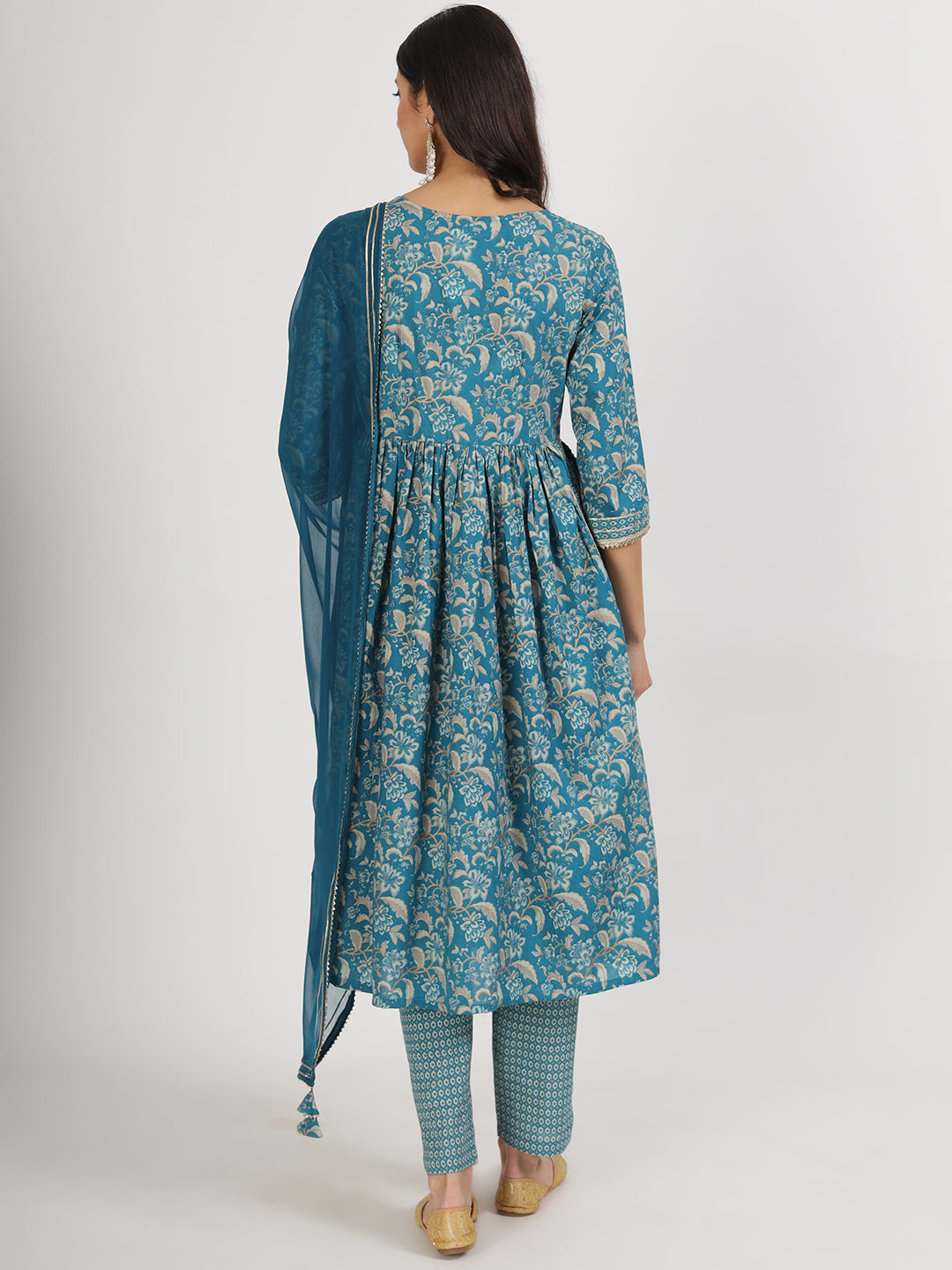 Teal Blue Floral Print Cotton Nyra Cut Kurta pants with Dupatta set