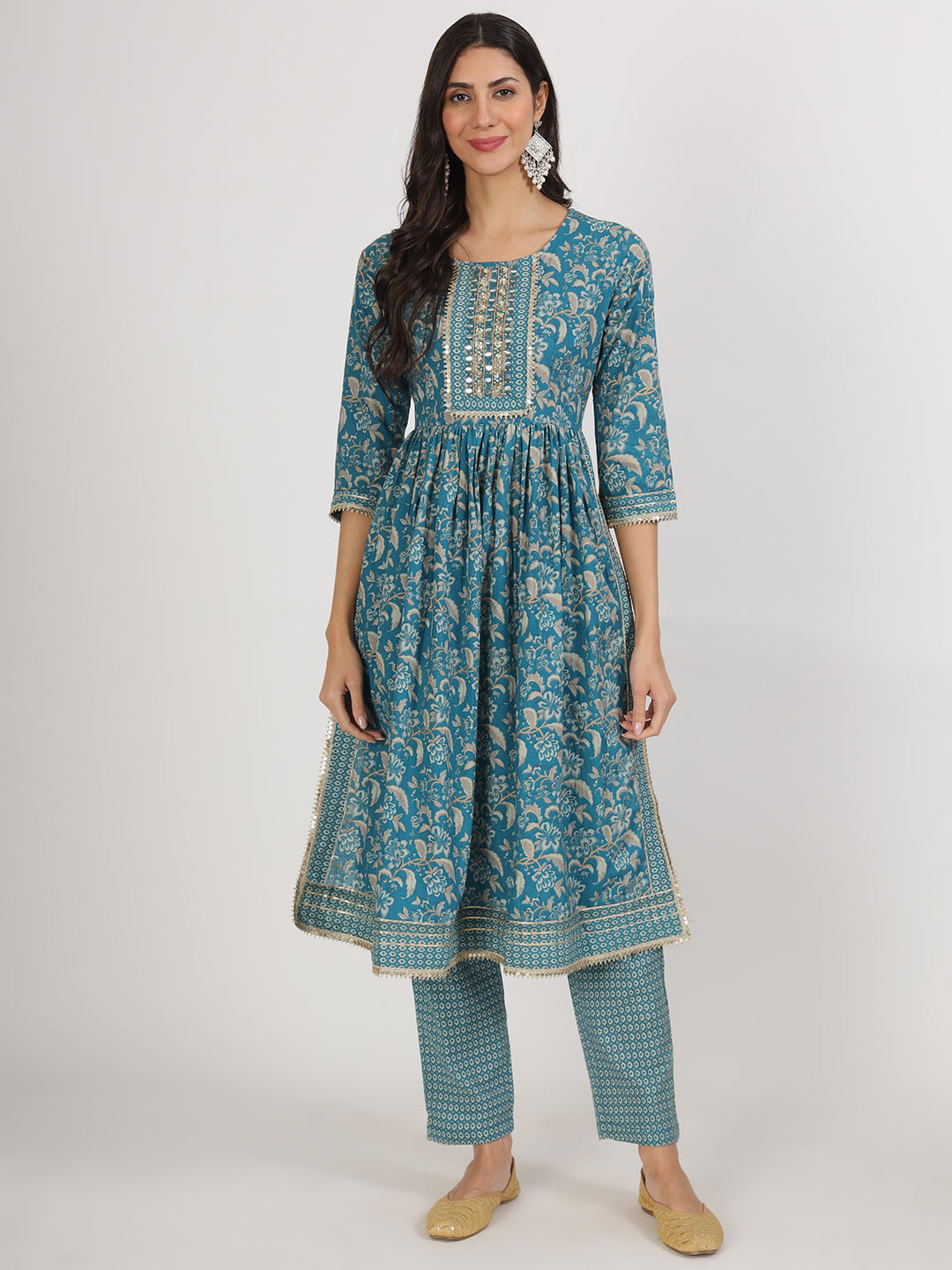 Teal Blue Floral Print Cotton Nyra Cut Kurta pants with Dupatta set