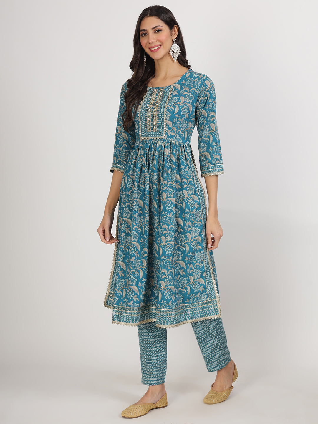 Teal Blue Floral Print Cotton Nyra Cut Kurta pants with Dupatta set