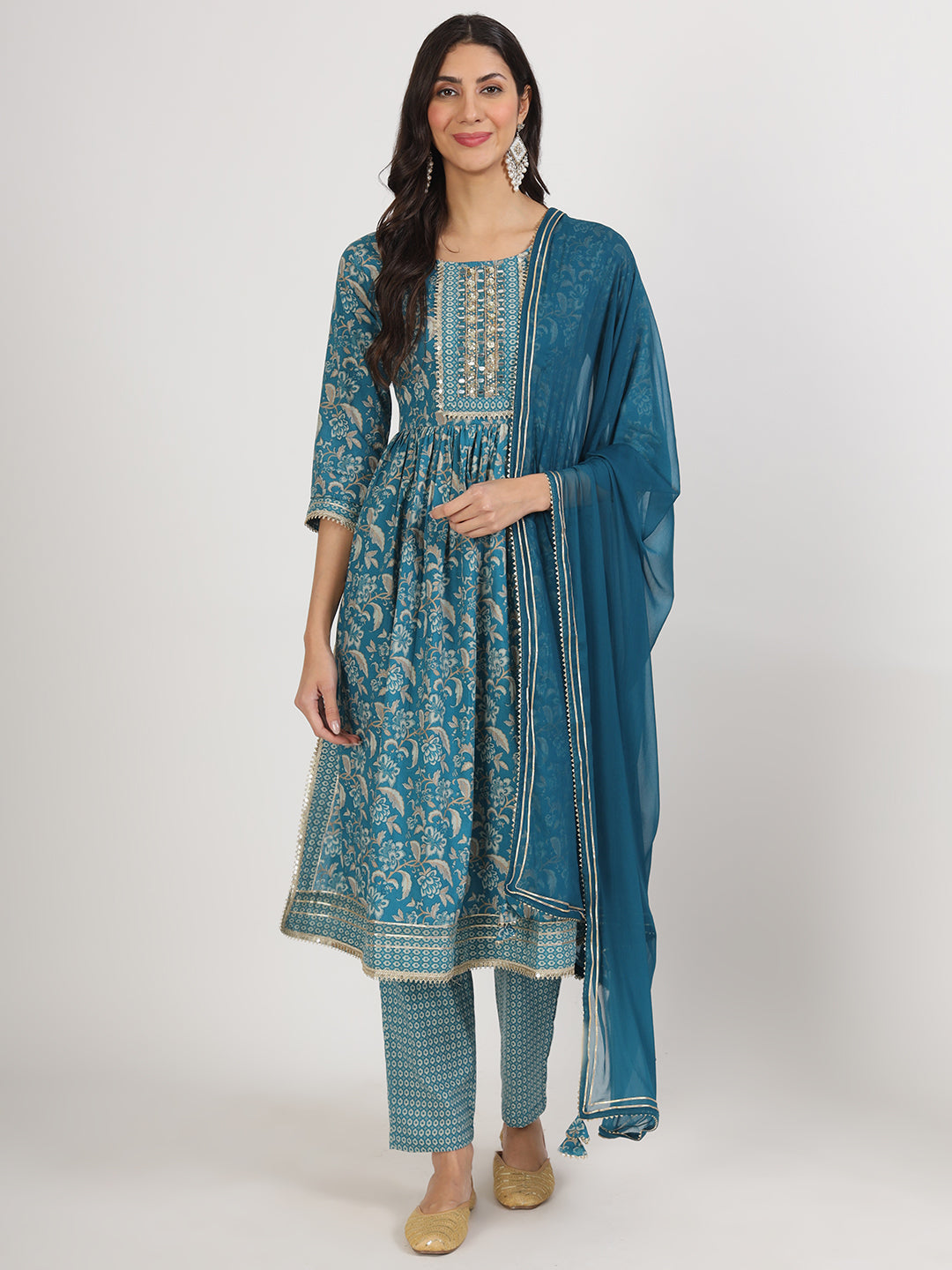 Teal Blue Floral Print Cotton Nyra Cut Kurta pants with Dupatta set