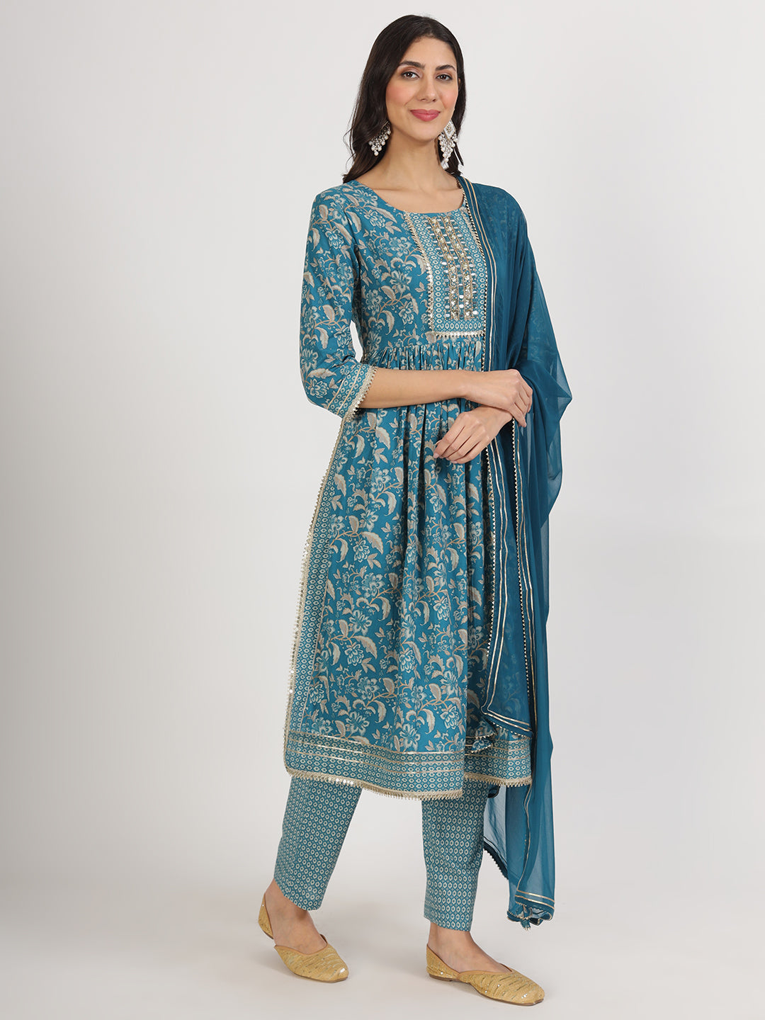 Teal Blue Floral Print Cotton Nyra Cut Kurta pants with Dupatta set