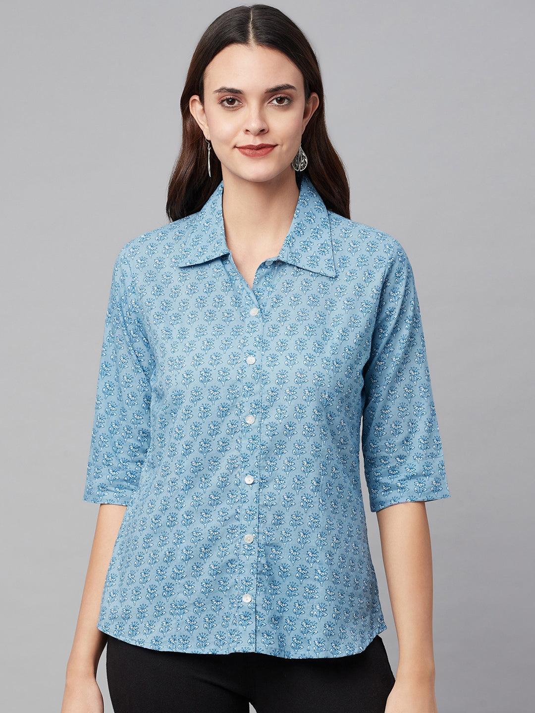 Divena Sky Blue Block Printed Casual Women Shirts - divena world-Mohi