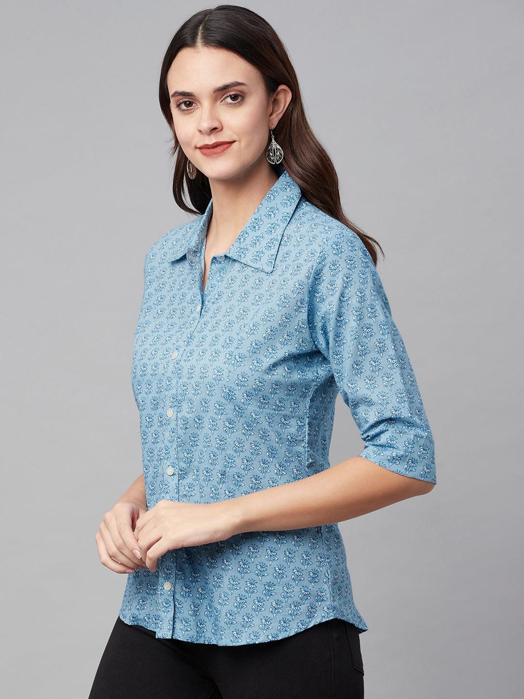 Divena Sky Blue Block Printed Casual Women Shirts - divena world-Mohi