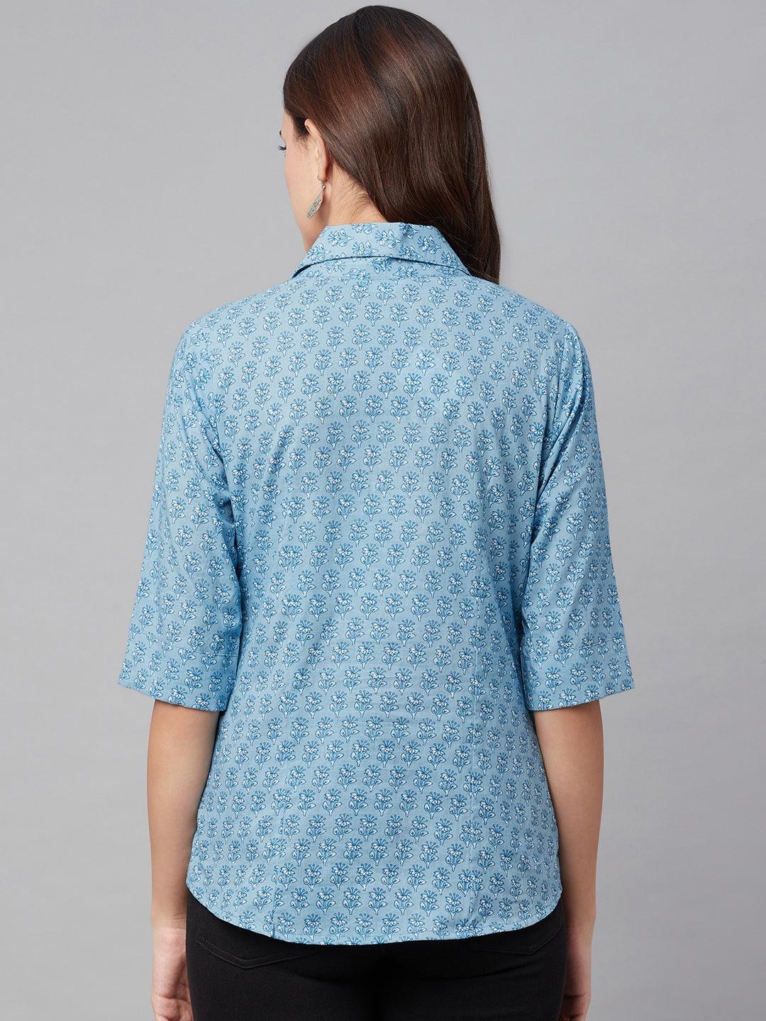 Divena Sky Blue Block Printed Casual Women Shirts - divena world-Mohi