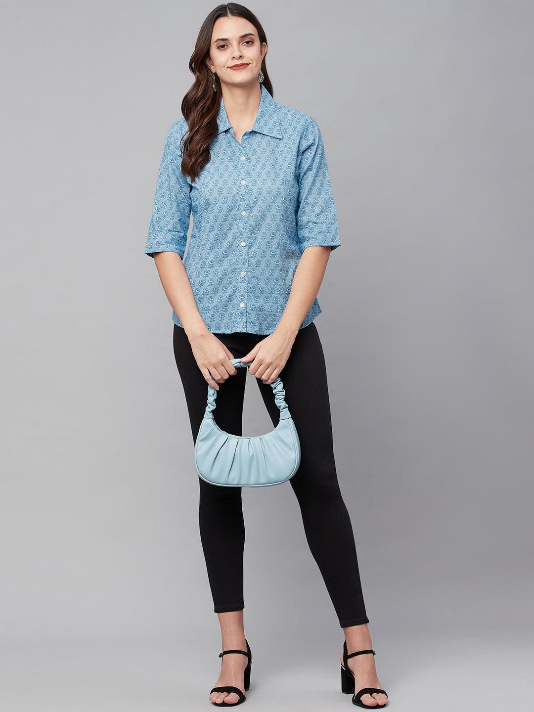 Divena Sky Blue Block Printed Casual Women Shirts - divena world-Mohi