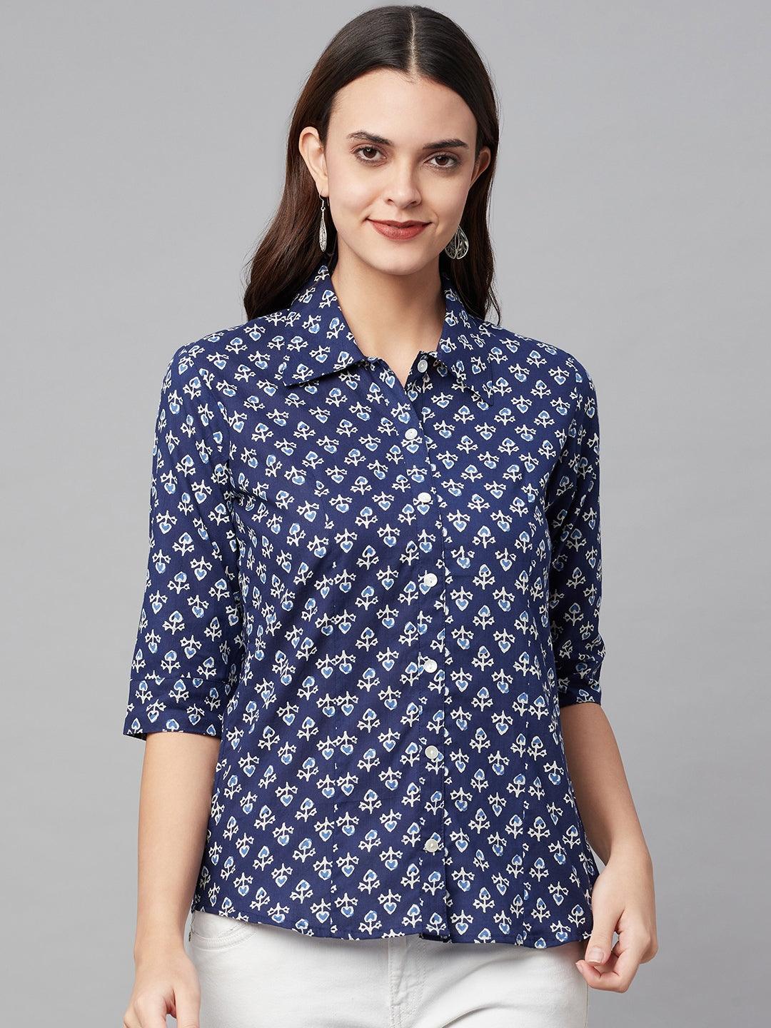 Divena indigo Block Printed Casual Women Shirts - divena world-Mohi