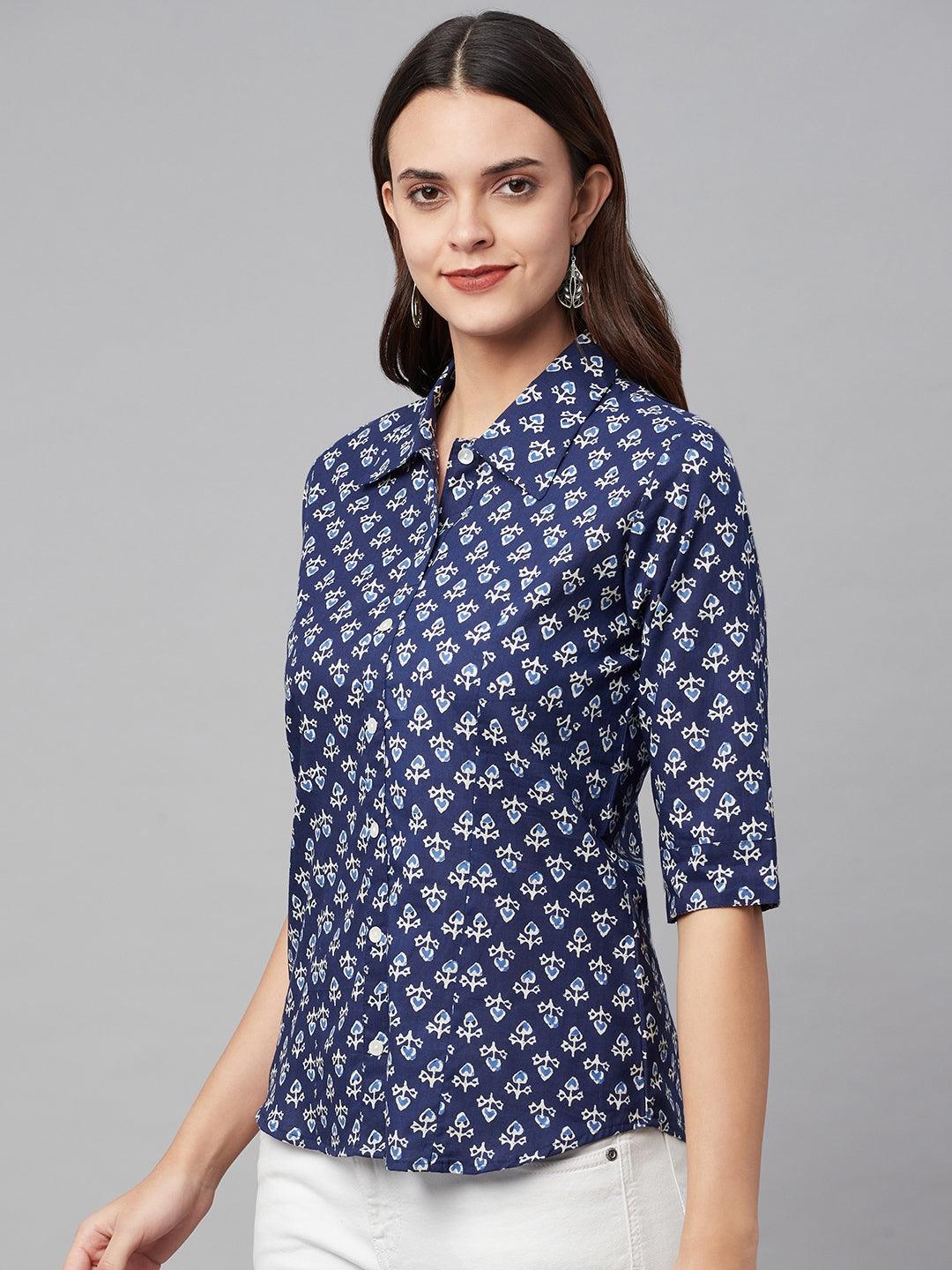 Divena indigo Block Printed Casual Women Shirts - divena world-Mohi