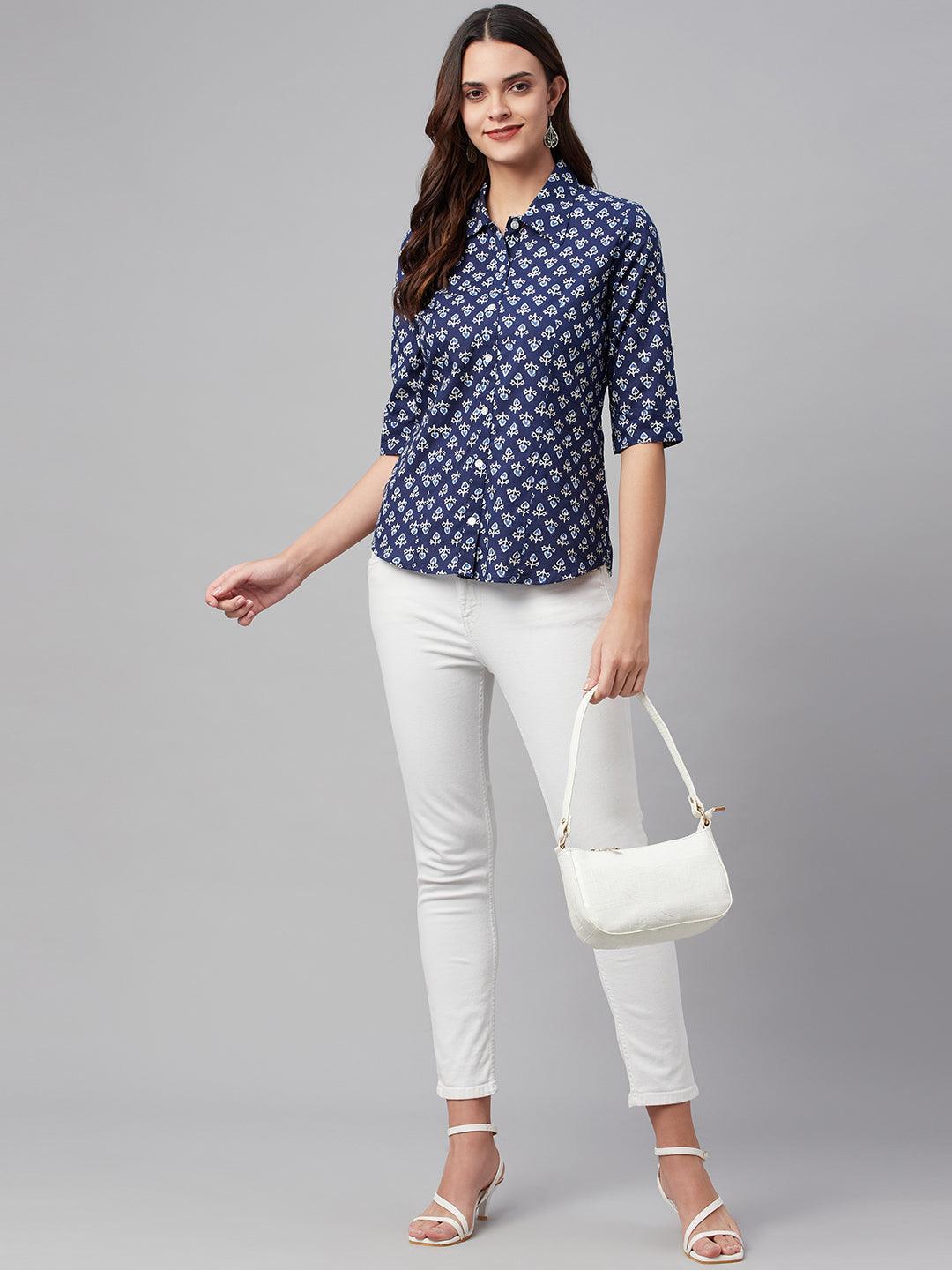 Divena indigo Block Printed Casual Women Shirts - divena world-Mohi