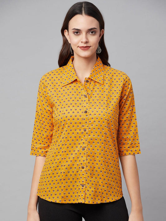 Divena Yellow Block Printed Casual Women Shirts - divena world-Mohi