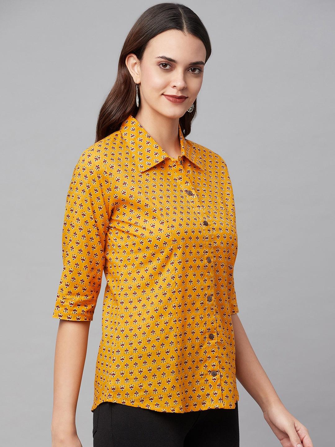 Divena Yellow Block Printed Casual Women Shirts - divena world-Mohi