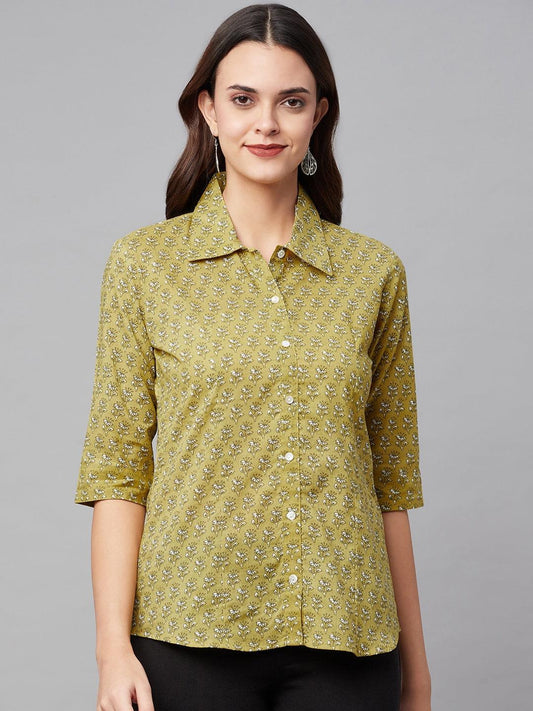 Divena Mehndi Green Block Printed Casual Women Shirts - divena world-Mohi