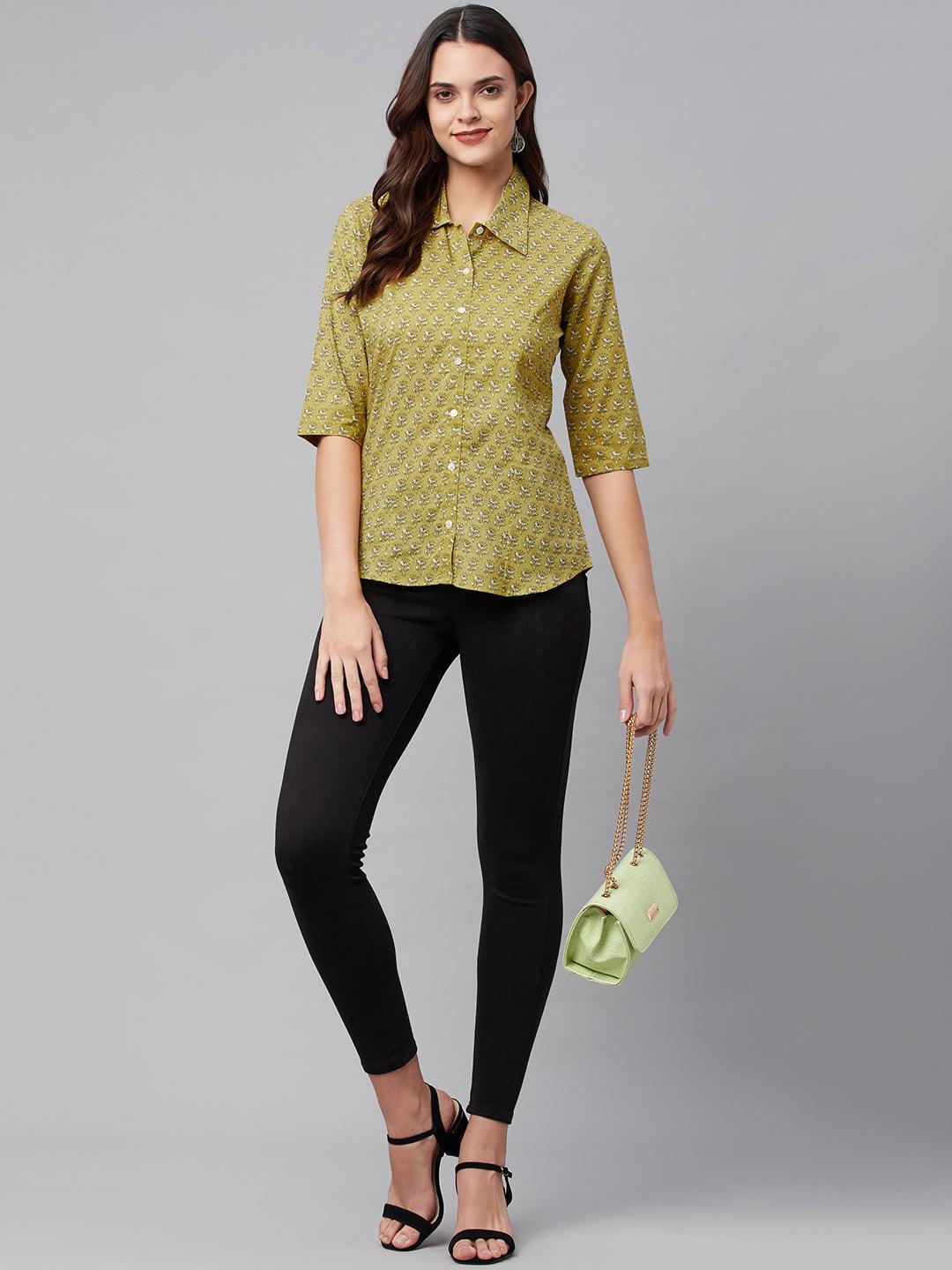 Divena Mehndi Green Block Printed Casual Women Shirts - divena world-Mohi