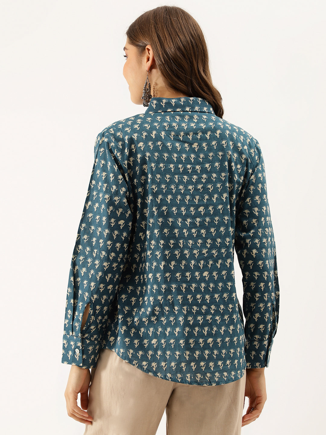 Turquoise Blue Ethnic Motif Printed Casual Women Shirts