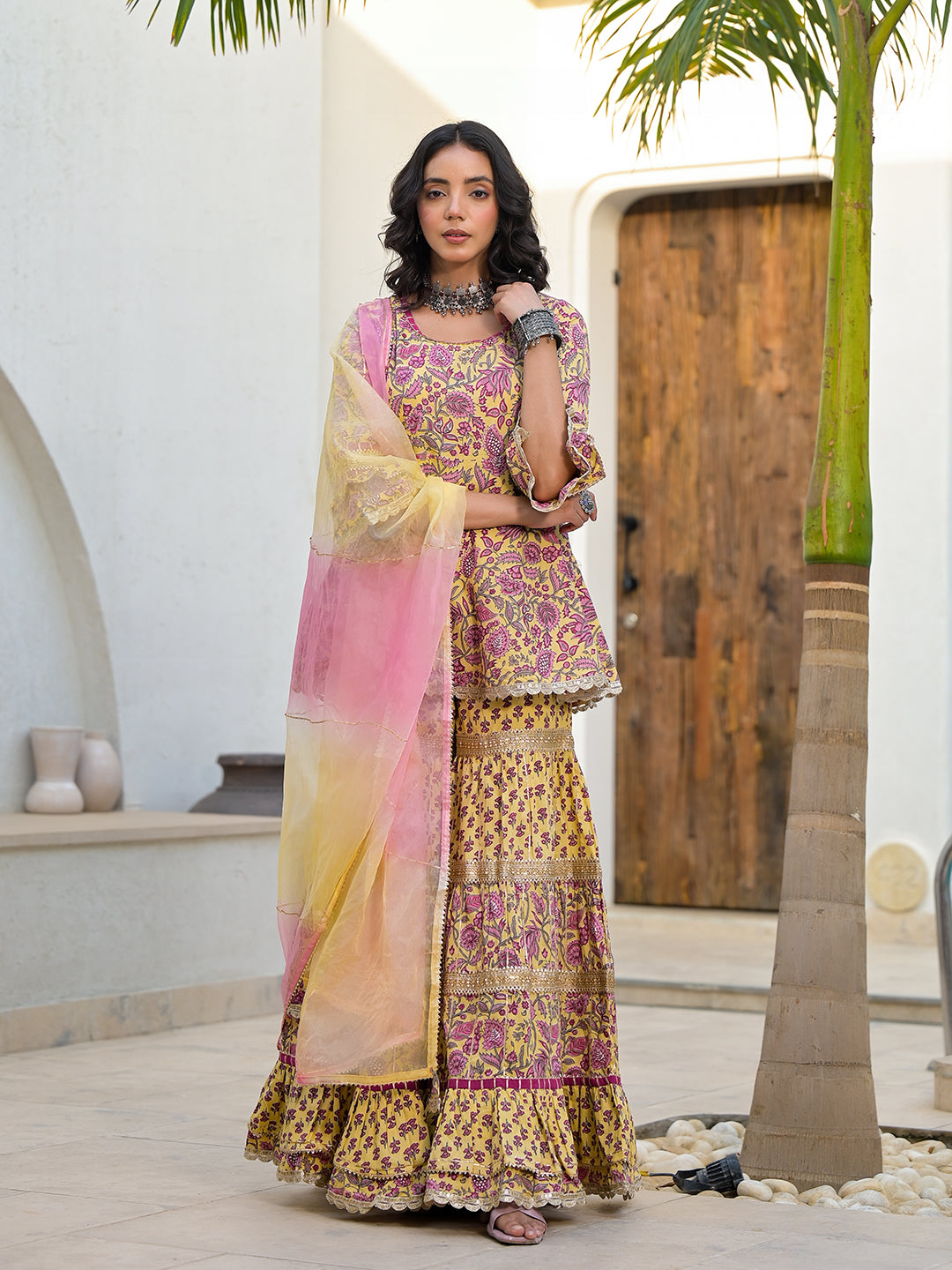 Yellow Floral Print Cotton Kurta Sharara Set for women