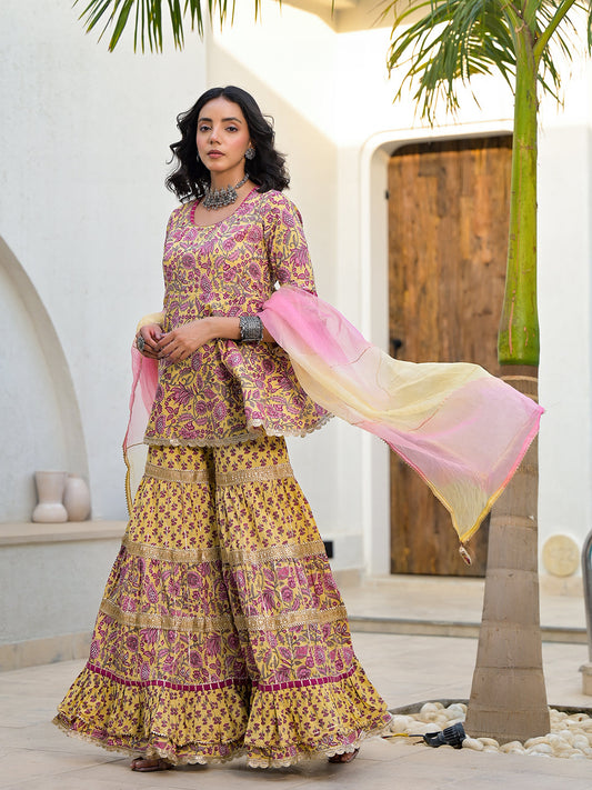 Yellow Floral Print Cotton Kurta Sharara Set for women