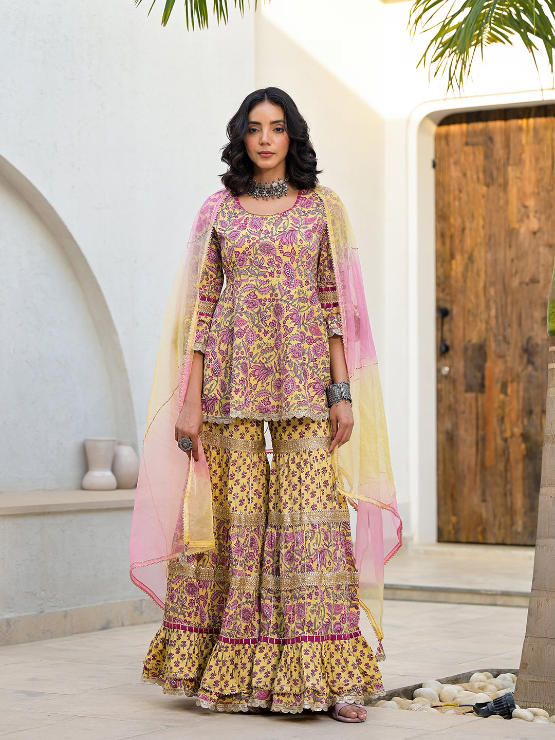 Yellow Floral Print Cotton Kurta Sharara Set for women