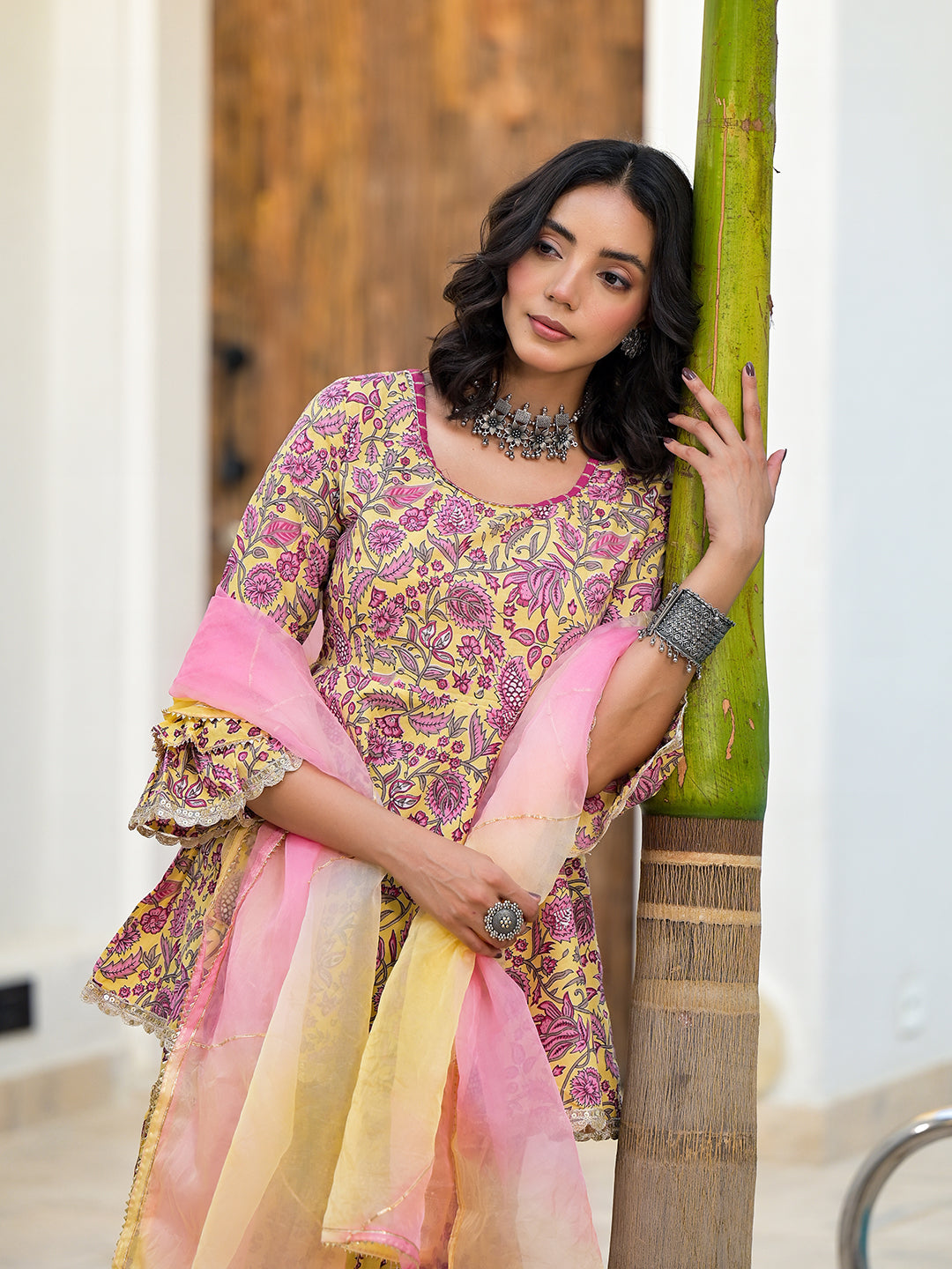 Yellow Floral Print Cotton Kurta Sharara Set for women