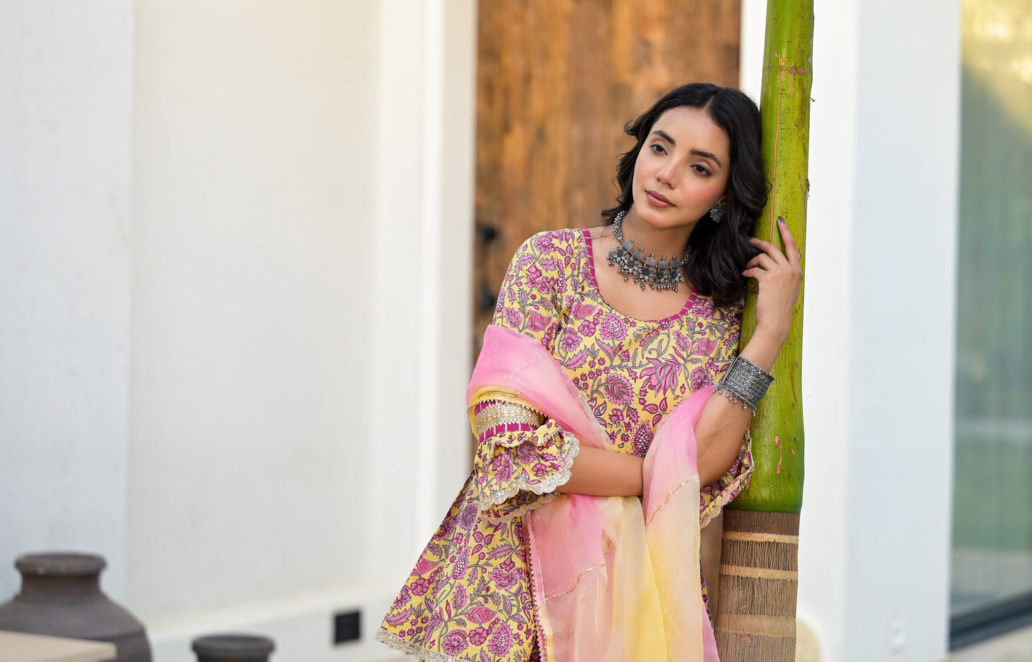 Yellow Floral Print Cotton Kurta Sharara Set for women