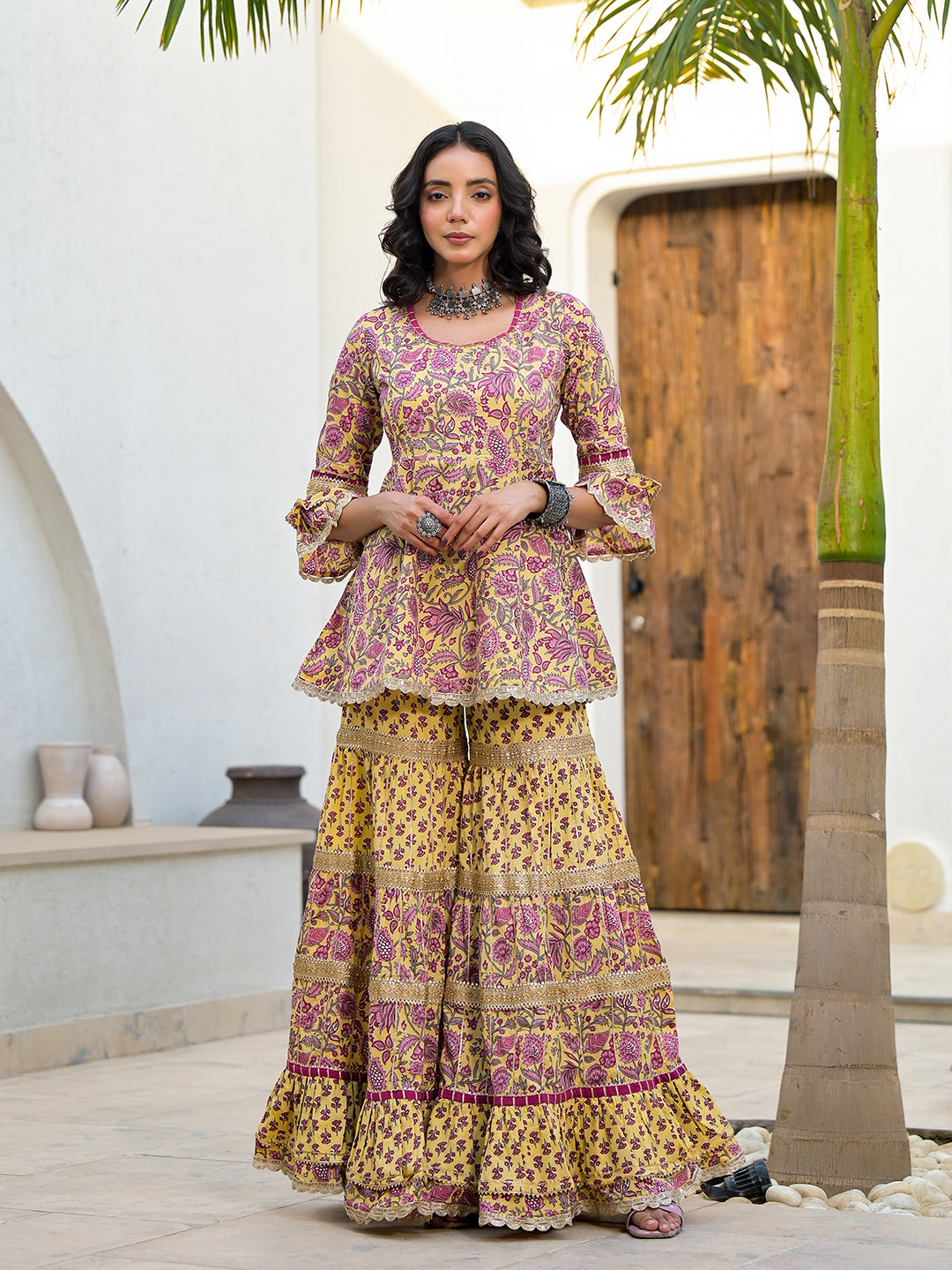 Yellow Floral Print Cotton Kurta Sharara Set for women