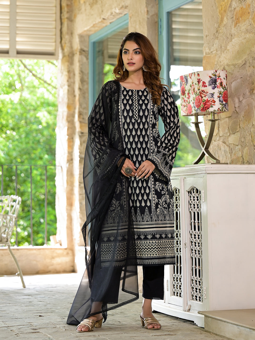 Black Cotton Straight Fit Knee Long Kurta Set for Women