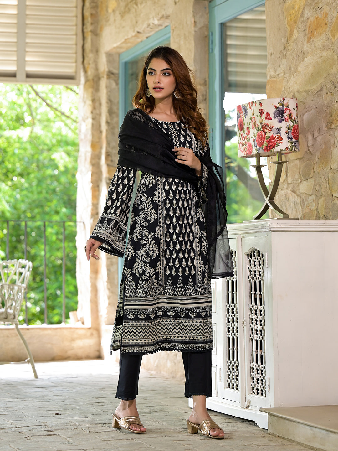 Black Cotton Straight Fit Knee Long Kurta Set for Women