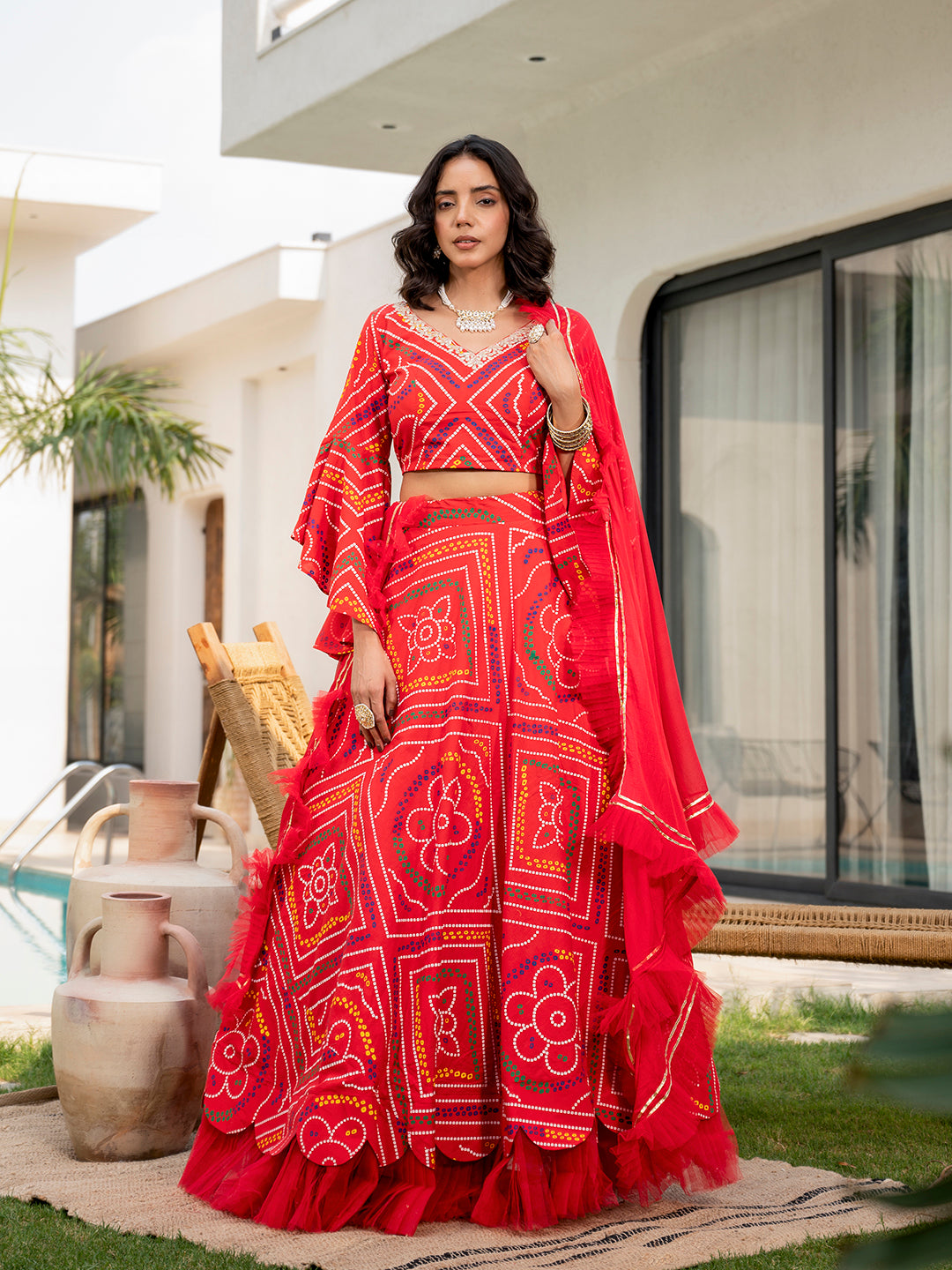 Bandhani Printed Cotton Lehenga & Blouse With Dupatta