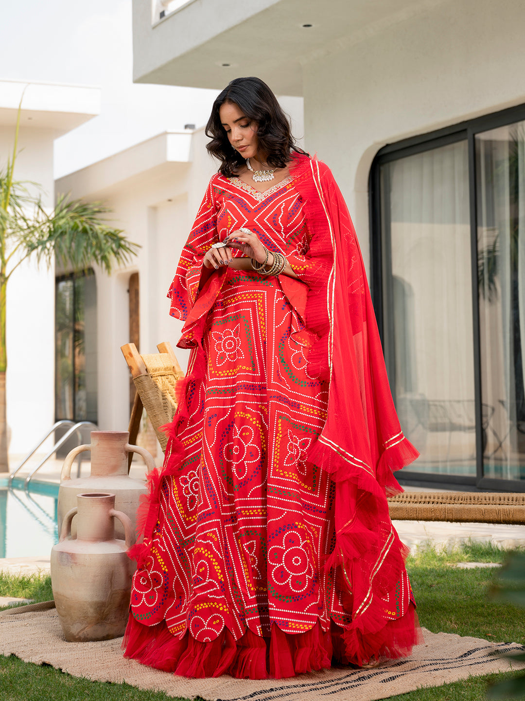 Bandhani Printed Cotton Lehenga & Blouse With Dupatta