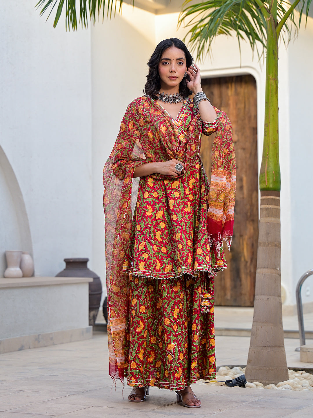 Maroon Floral Print Cotton Angarkha Kurta Gharara Set for women