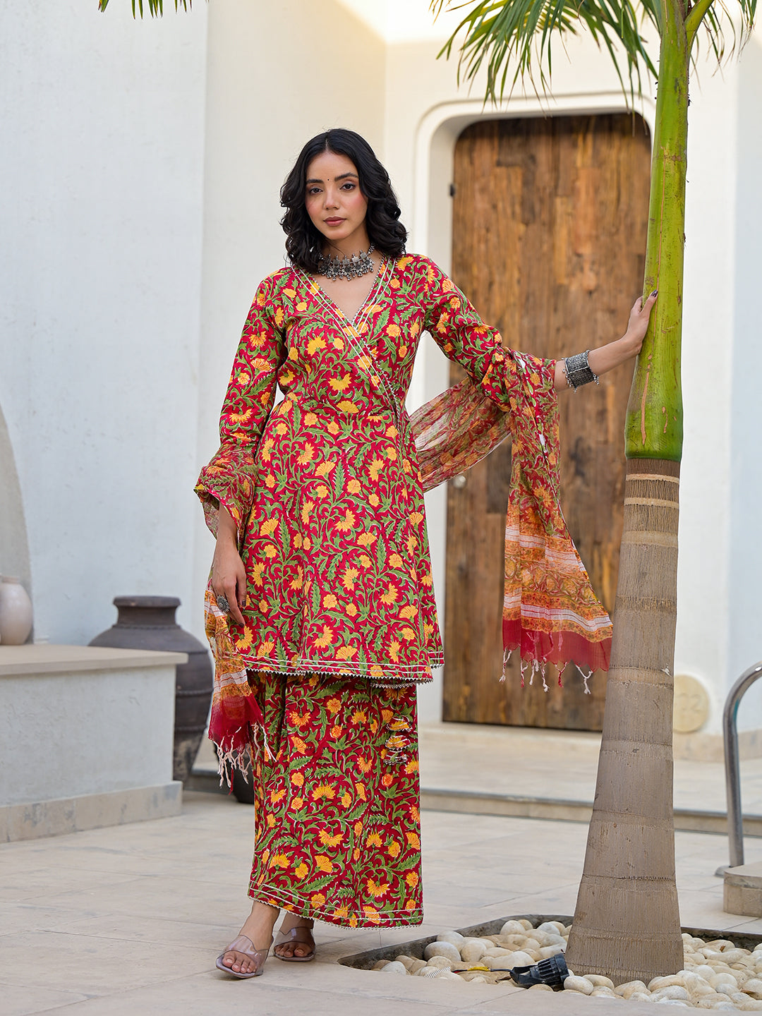 Maroon Floral Print Cotton Angarkha Kurta Gharara Set for women