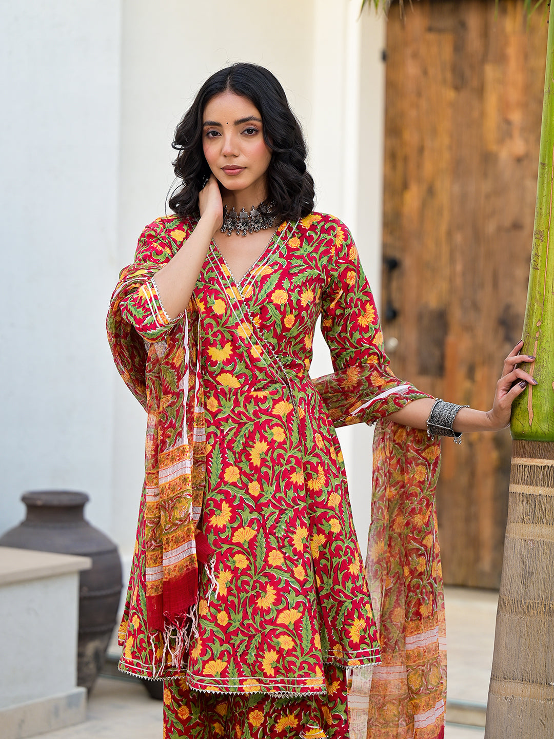 Maroon Floral Print Cotton Angarkha Kurta Gharara Set for women