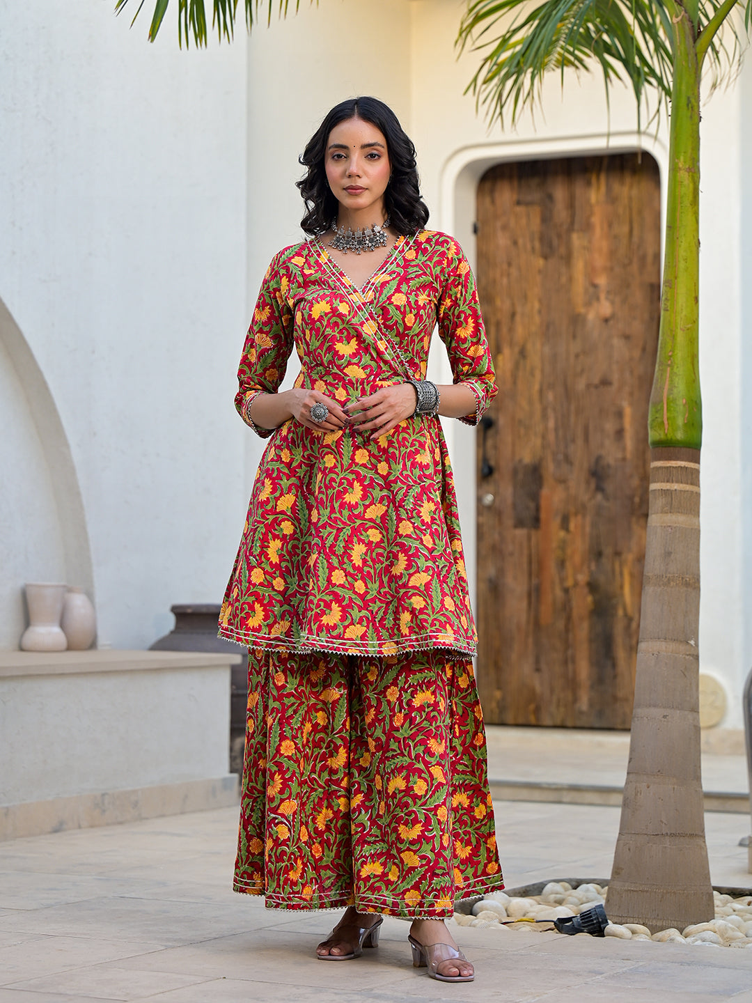 Maroon Floral Print Cotton Angarkha Kurta Gharara Set for women