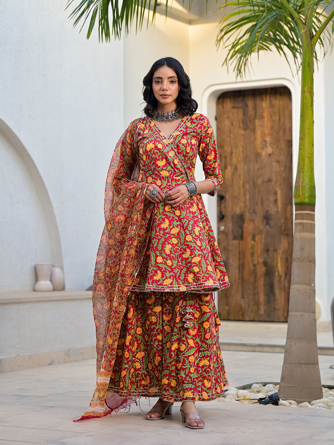 Maroon Floral Print Cotton Angarkha Kurta Gharara Set for women