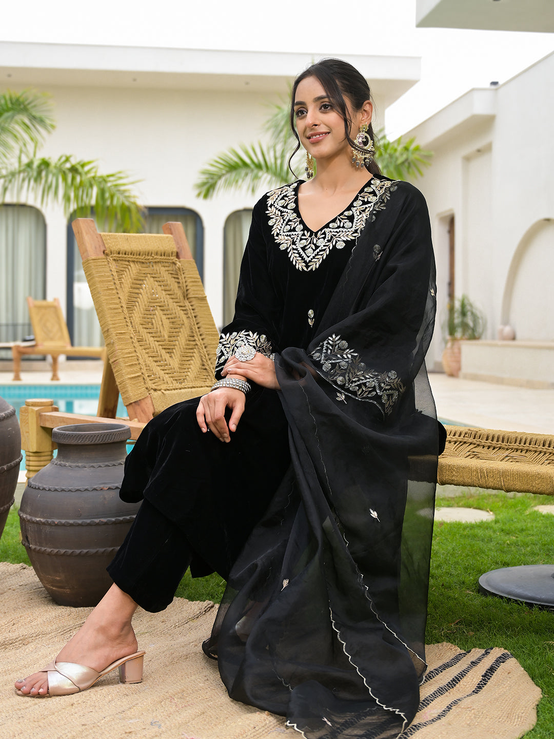 Embroidered Black Velvet Kurta Pant Dupatta Set for Women