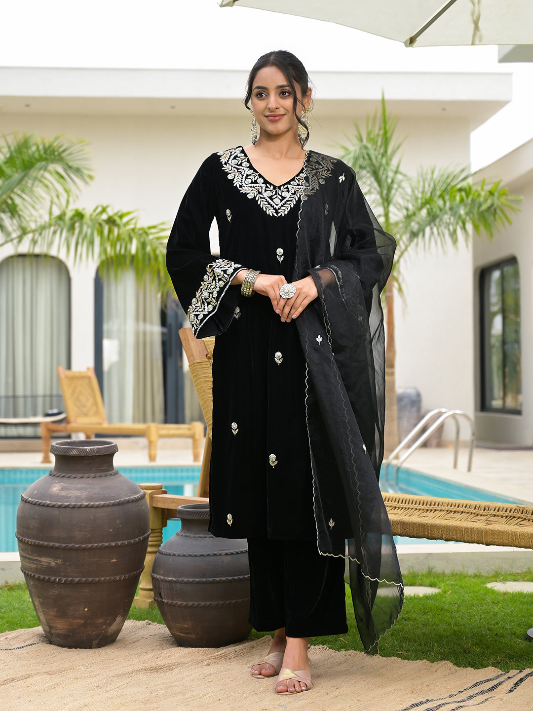 Embroidered Black Velvet Kurta Pant Dupatta Set for Women