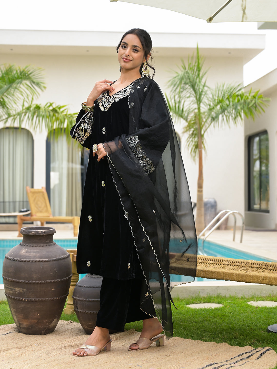 Embroidered Black Velvet Kurta Pant Dupatta Set for Women