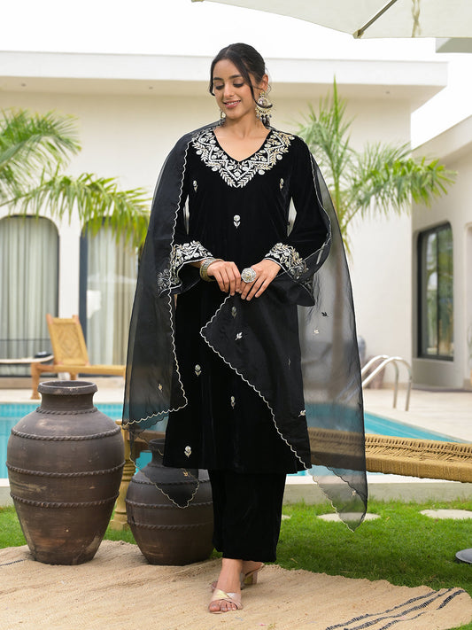 Embroidered Black Velvet Kurta Pant Dupatta Set for Women