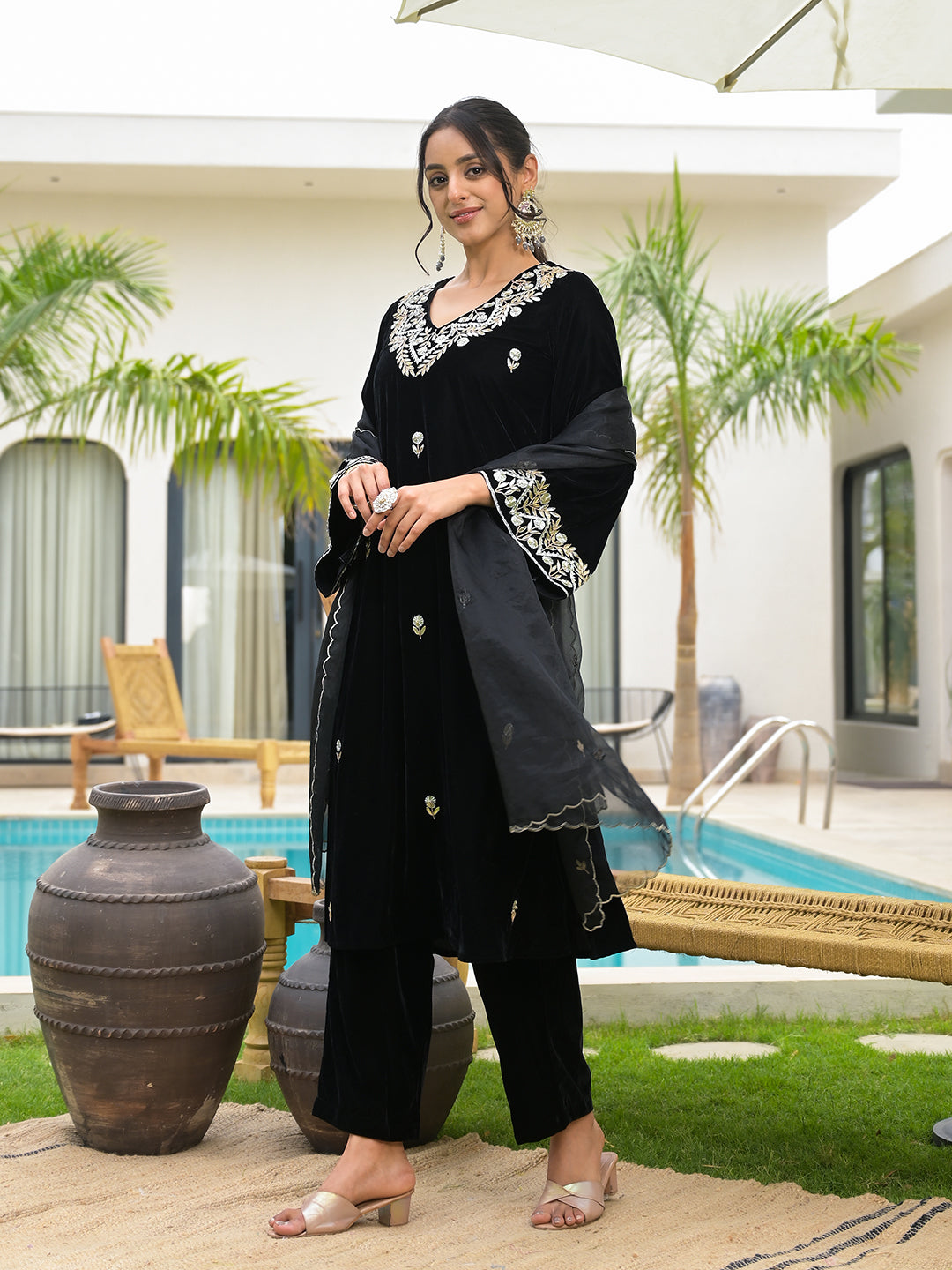 Embroidered Black Velvet Kurta Pant Dupatta Set for Women