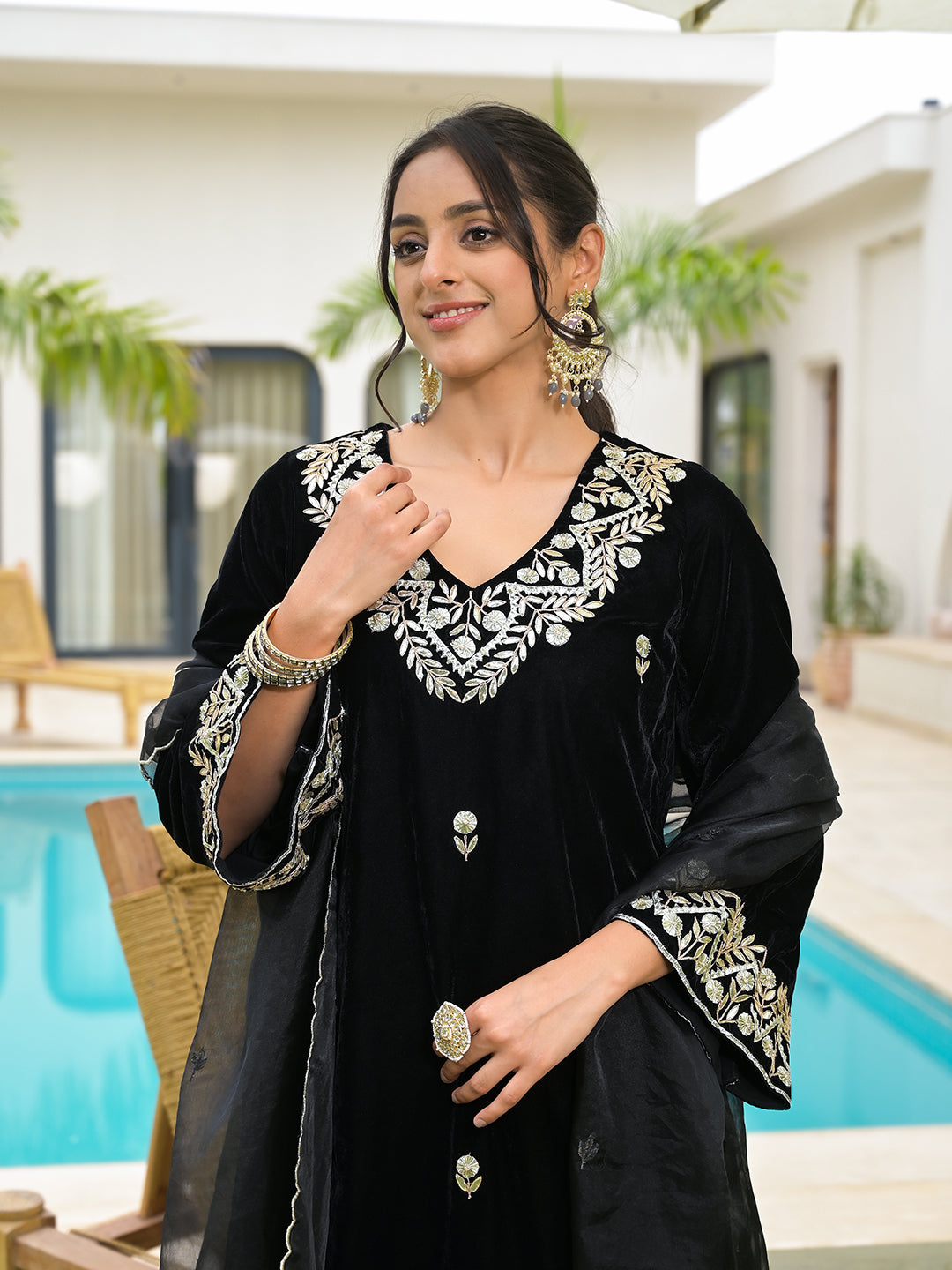 Embroidered Black Velvet Kurta Pant Dupatta Set for Women