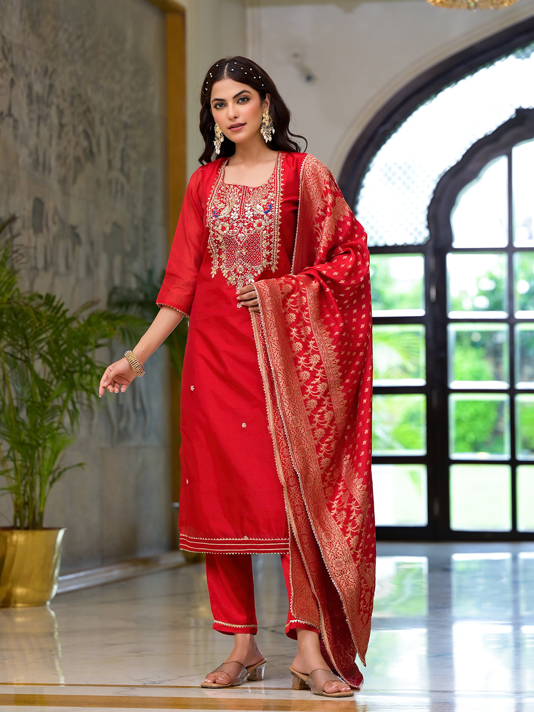 Red Embroidered Chanderi Silk Kurta pants with Banarashi Dupatta