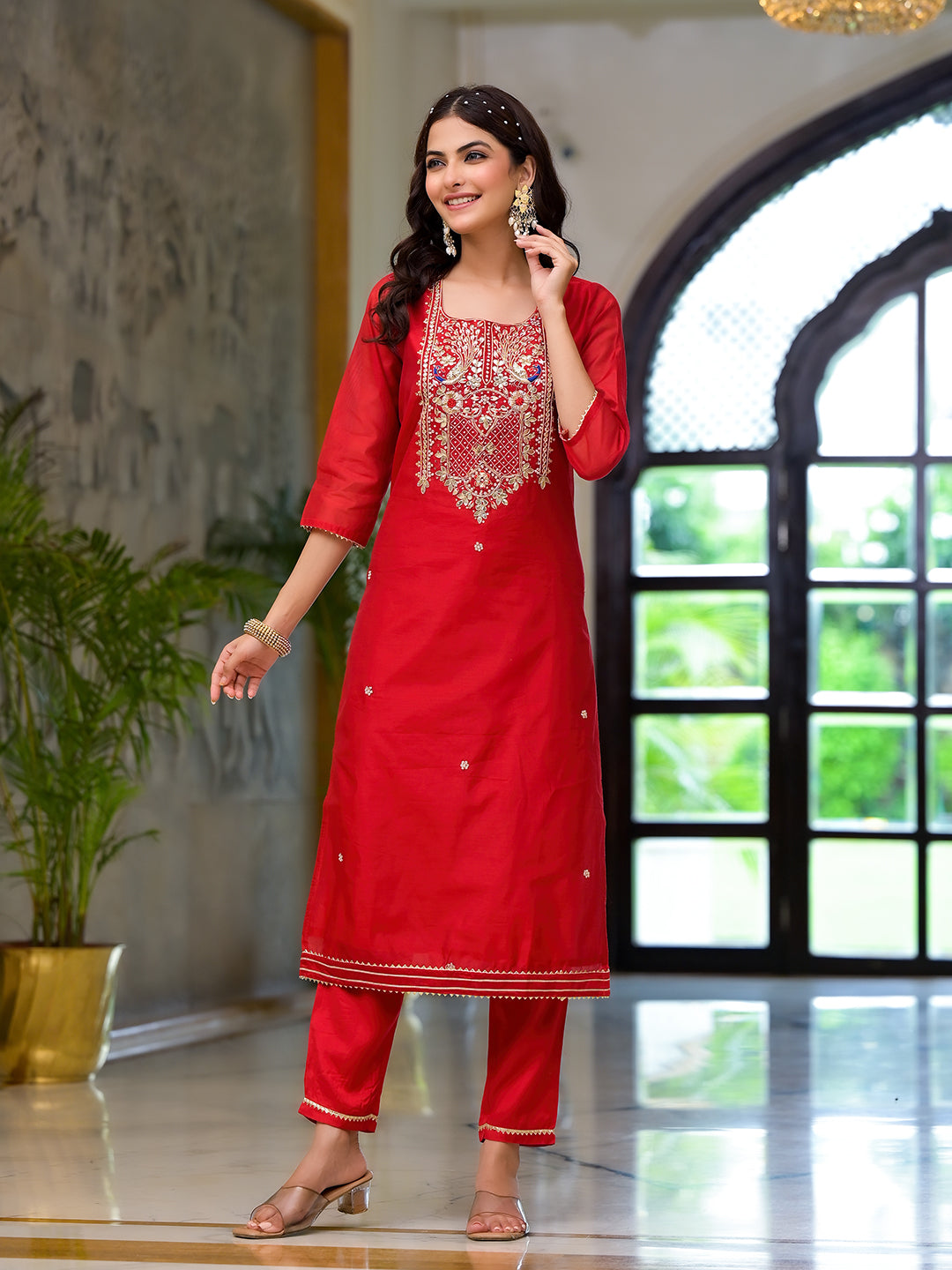 Red Embroidered Chanderi Silk Kurta pants with Banarashi Dupatta