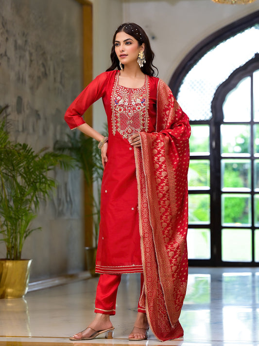 Red Embroidered Chanderi Silk Kurta pants with Banarashi Dupatta